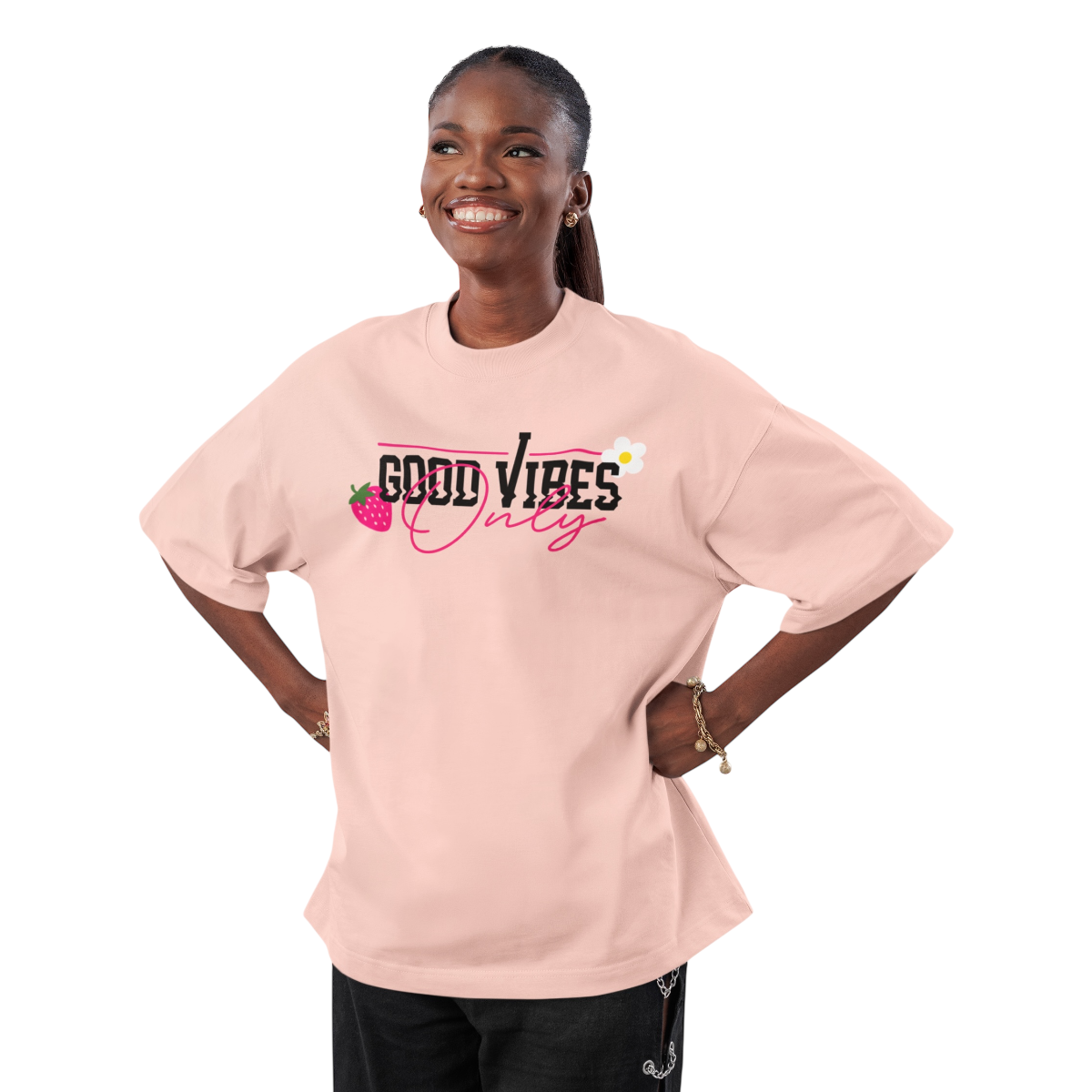 Oversize Fit Strawberry - 007 T-Shirt mit Front- und Backprint aus 100% Baumwolle in Hellrosa