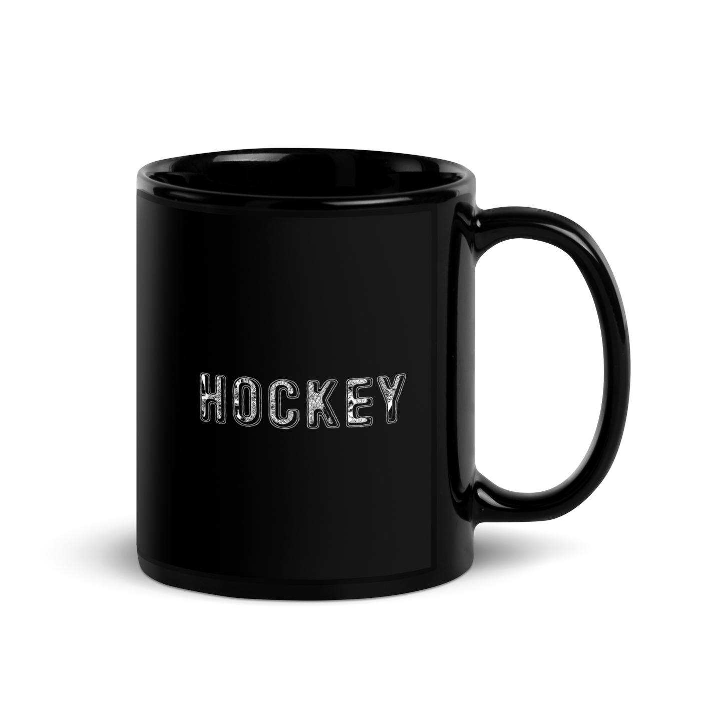 Black ceramic mug with "Hockey" design, glossy finish, 11 oz.