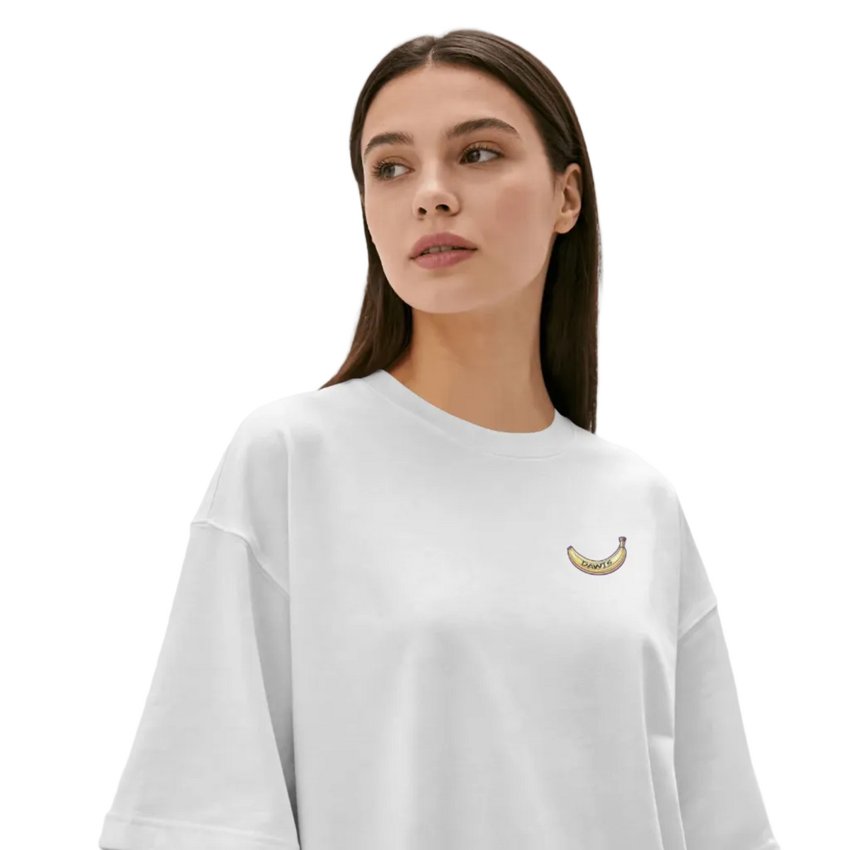 Fruit Fun Oversize-T-Shirt in Weiß aus Baumwolle mit kleinem gebogenem Bananenprint auf der Brust und lockeren Ärmeln