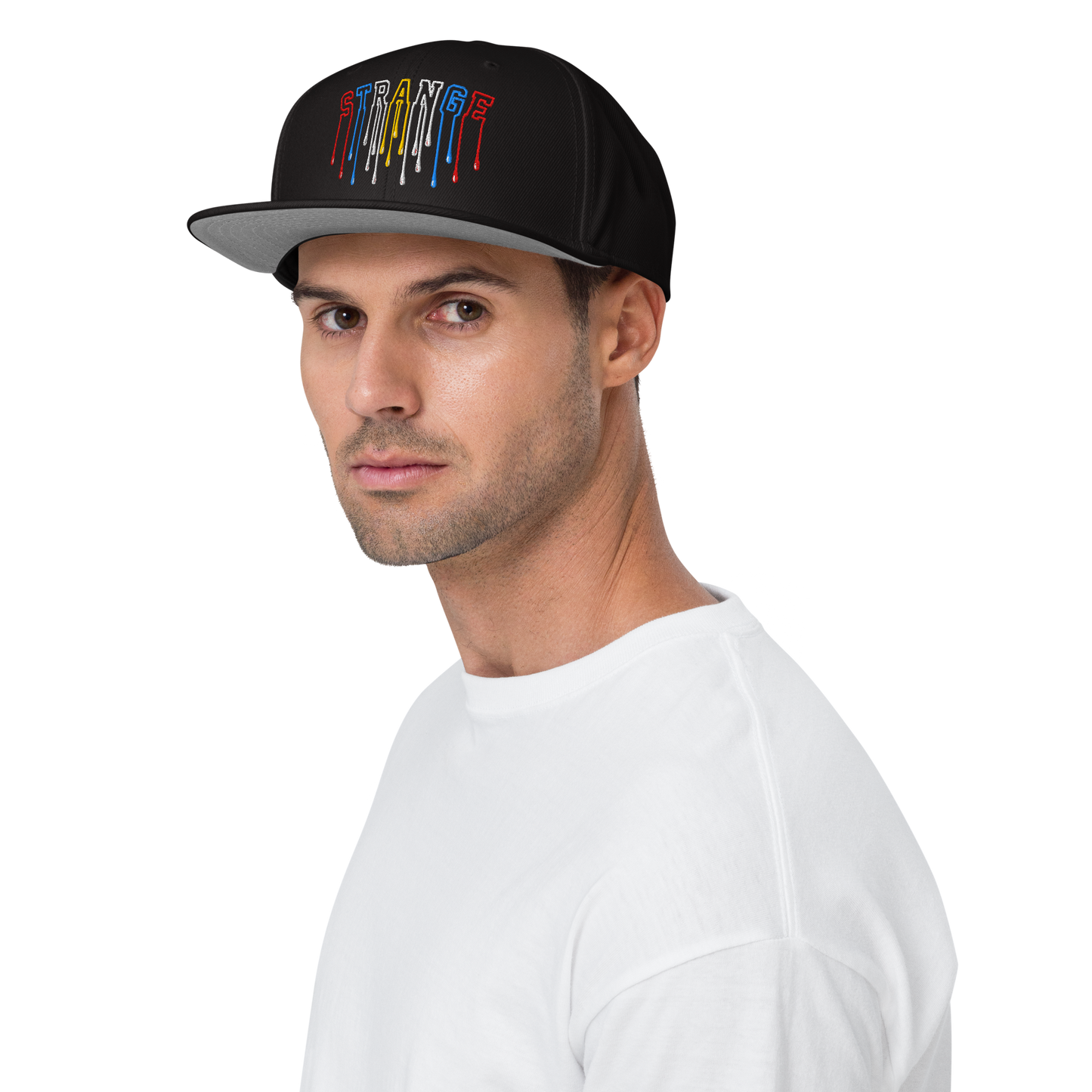 Snapback-Cap - Strange with multicolor logo, gray underside, and adjustable snap closure.