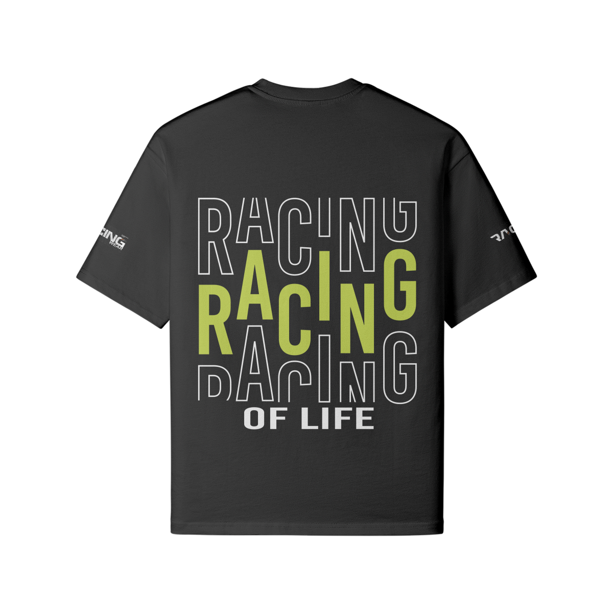 Oversize fit black t-shirt with "Racing of Life" back and sleeve print.