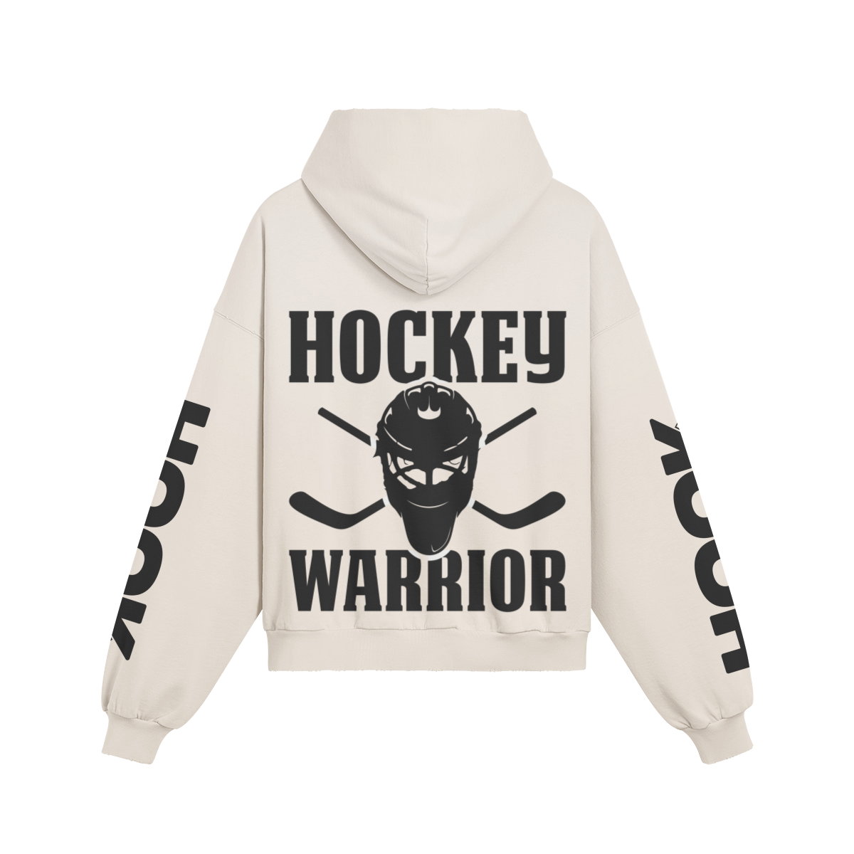 Oversize 'Hockey Warrior' hoodie with back and sleeve print, washed effect, 100% cotton.