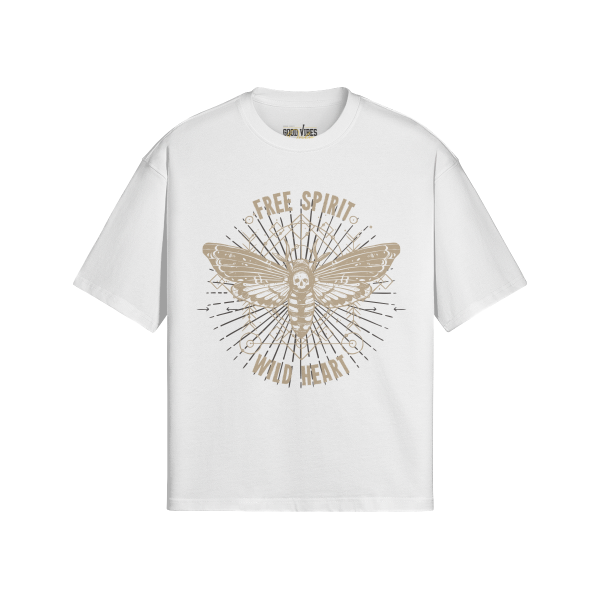 White oversized Free Spirit t-shirt with front and back print of a moth and "Free Spirit Wild Heart" text, made of 100% cotton with durable reactive dye.