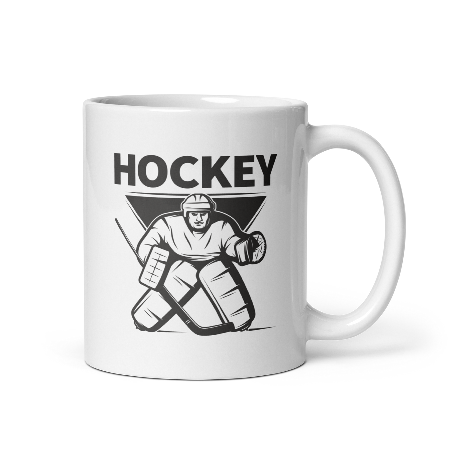 Hockey Goalie ceramic mug, dishwasher safe, 11 oz capacity.