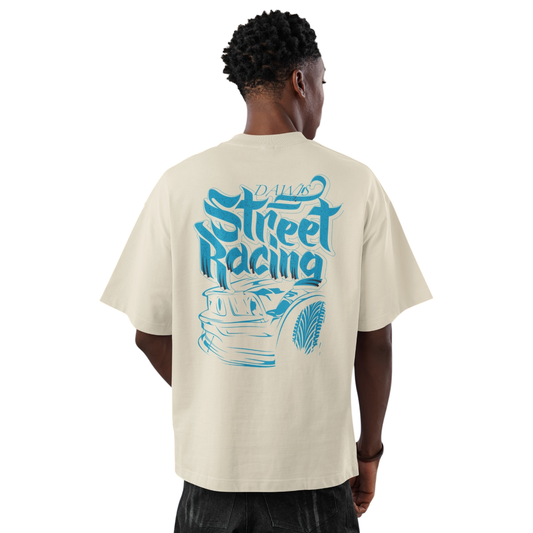 Oversize Street Racing T-Shirt aus 100% Baumwolle mit blauem Backprint und reaktiver Färbung