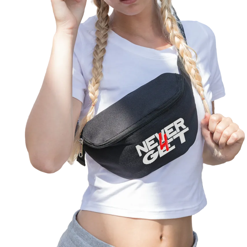 Black HIP BAG made of 100% polyester Oxford 600D with PU coating, size 23x18.5x7cm, lightweight 120 g/m², featuring front print.