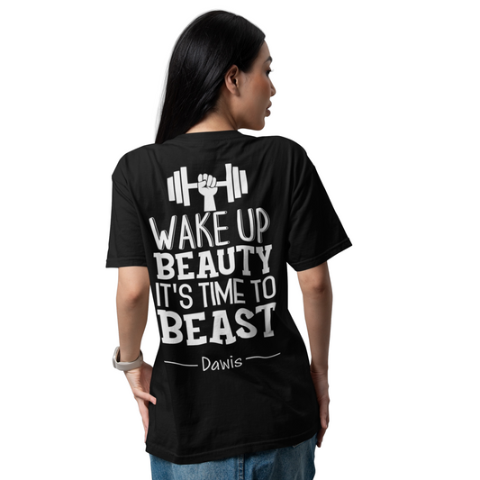 Schwarzes Oversize-T-Shirt aus Baumwolle mit Rückenprint „WAKE UP BEAUTY“ und Fitness-Motiv