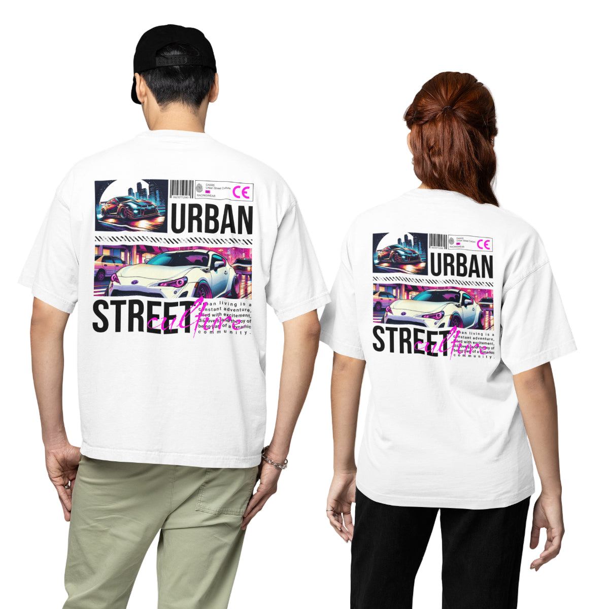 Oversize-T-Shirt Racing vs Urbanstreet aus weißer Baumwolle mit farbigem Urban-Streetwear-Backprint und Grafikmuster