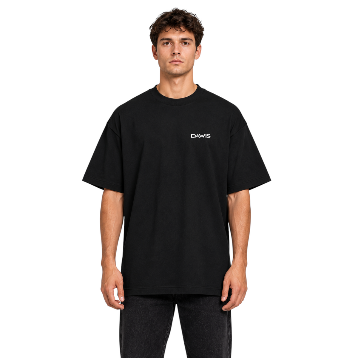 DAWIS Core black oversized cotton t-shirt with front logo print worn by a male model
