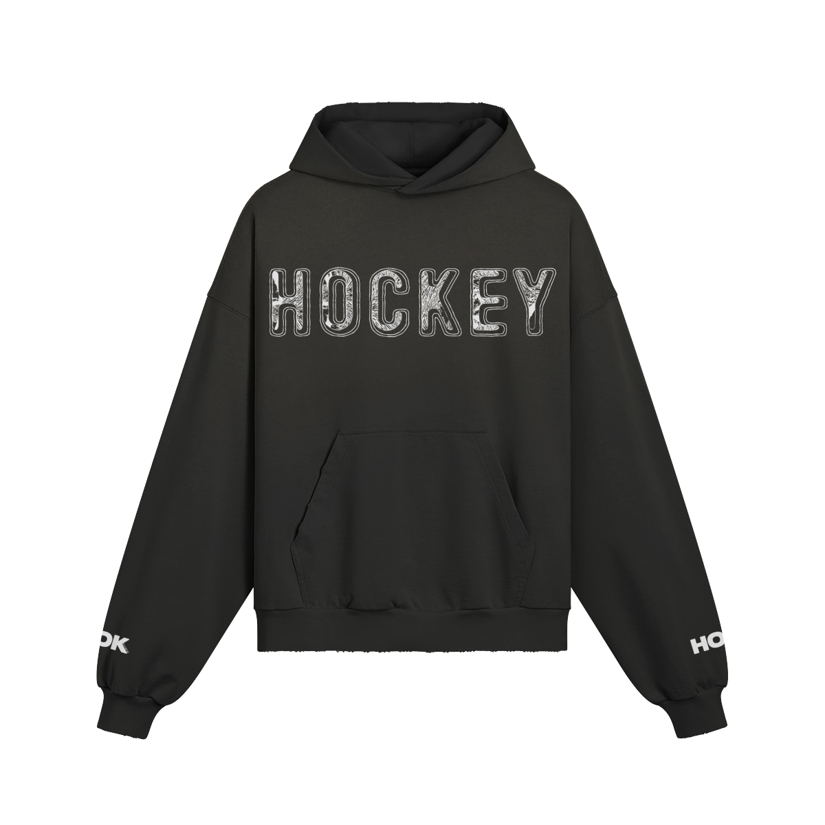 Oversize fit black hoodie with "Hockey" text, sleeve print, and washed effect, made of 100% cotton.