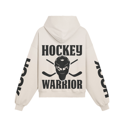 Oversize 'Hockey Warrior' hoodie with back and sleeve print, washed effect, 100% cotton.