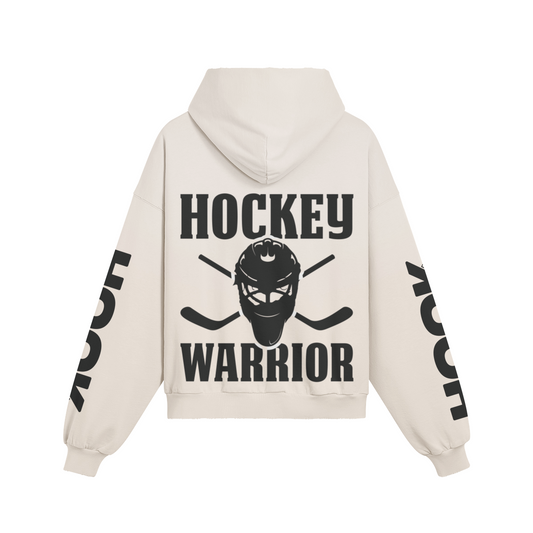 Oversize 'Hockey Warrior' hoodie with back and sleeve print, washed effect, 100% cotton.