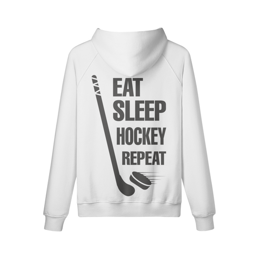 Oversize hoodie with "EAT SLEEP HOCKEY REPEAT" print, hockey stick, puck design.
