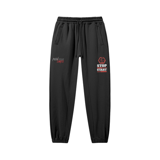STOP WISHING START DOING black pants, 100% cotton, front print, drawstring, reactive dyed for long-lasting color.