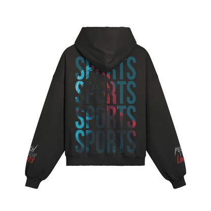 Oversize fit black hoodie with sports back and sleeve print, kangaroo pocket, and washed effect.