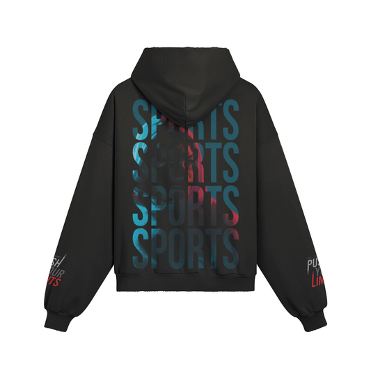 Oversize fit black hoodie with sports back and sleeve print, kangaroo pocket, and washed effect.