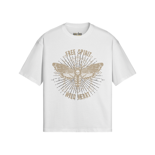 White oversized Free Spirit t-shirt with front and back print of a moth and "Free Spirit Wild Heart" text, made of 100% cotton with durable reactive dye.